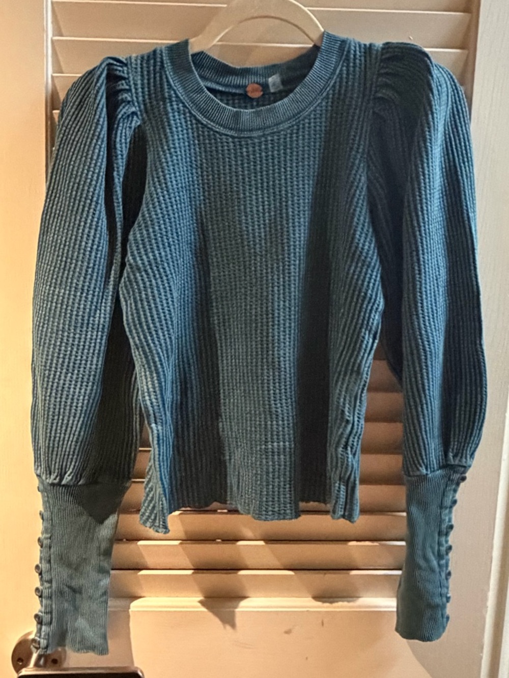 Free People Teal Ribbed Puff-Sleeve Thermal Top With Button Detail Wrists